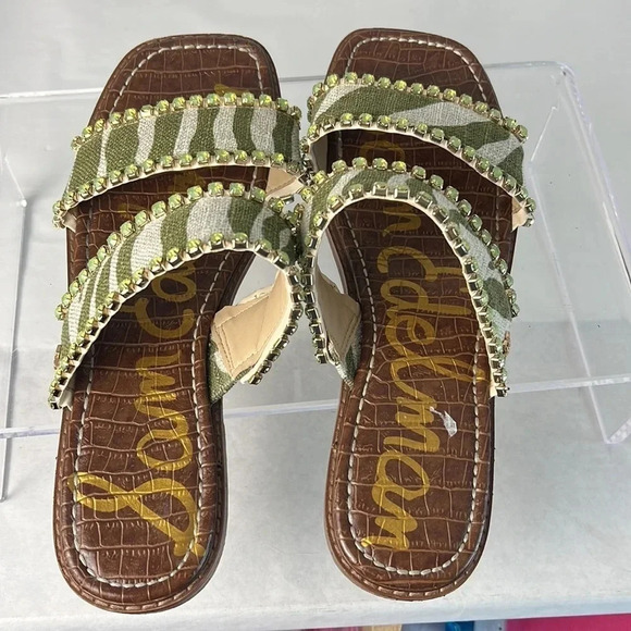Sam Edelman HOPIE Zebra Green Linen Square Toe Slide Sandals Rhinestones Size 11 - Picture 7 of 16